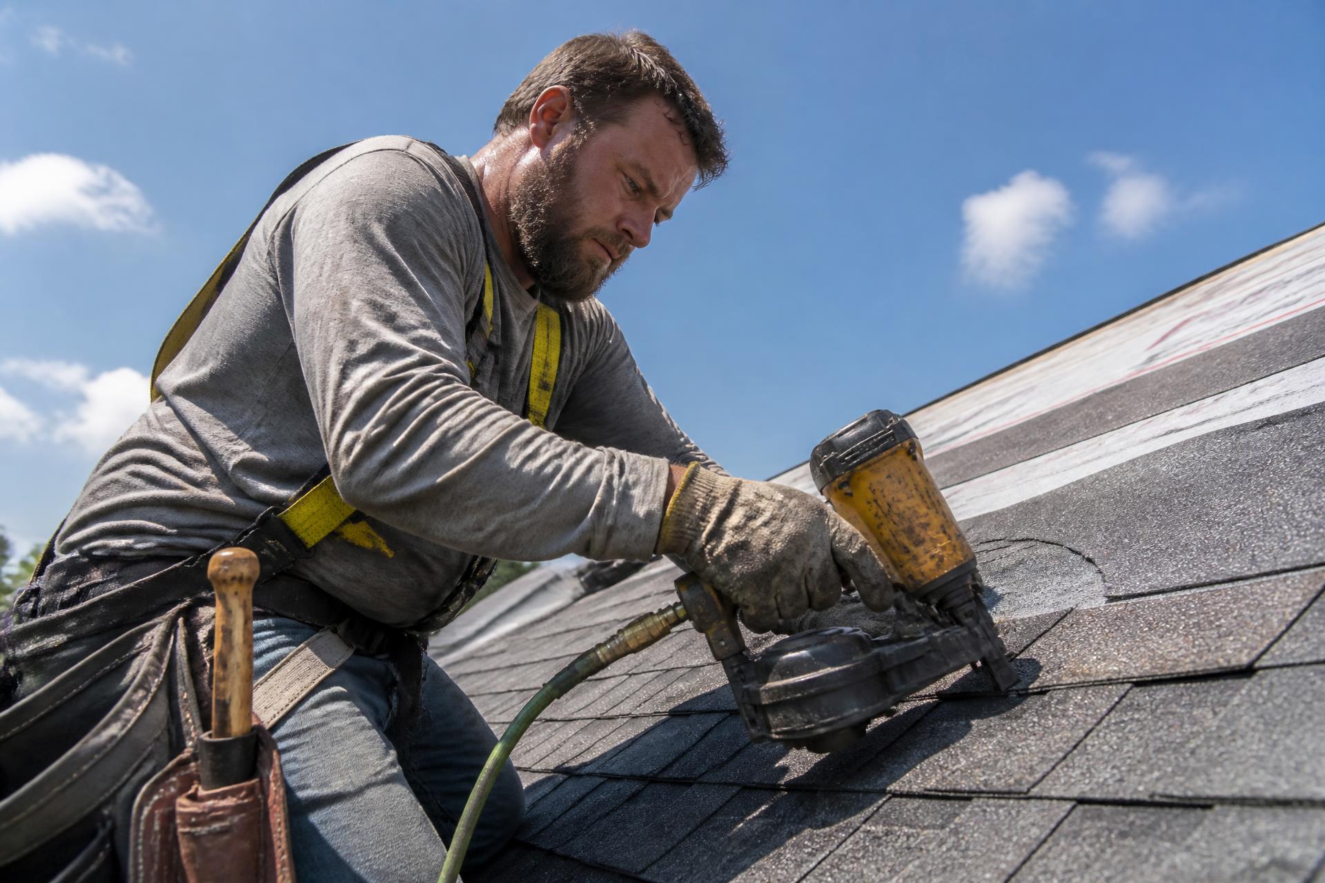 Roofer installing shingles on a residential roof